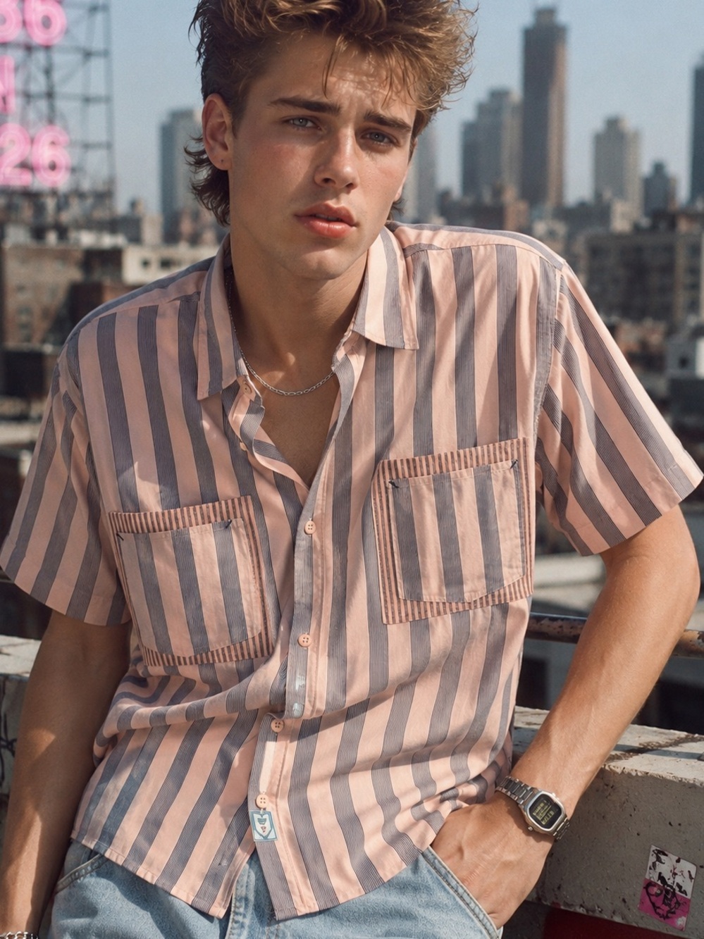 VTG 80s Weekends Pink Blue Stripe Preppy New Wave Cotton Shirt Medium
